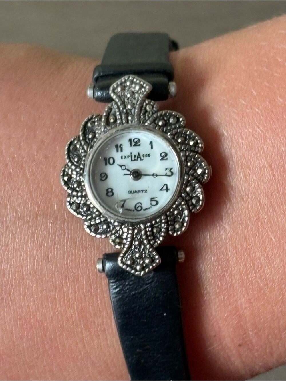 Express LA Marcasite Style Watch Black Leather Band Vintage Inspired Quartz